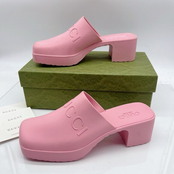 Gucci Logo Rubber Platform Heel Clogs Mules Slip On 725899 Pink Wms EU 39 US 9 - Picture 4 of 14
